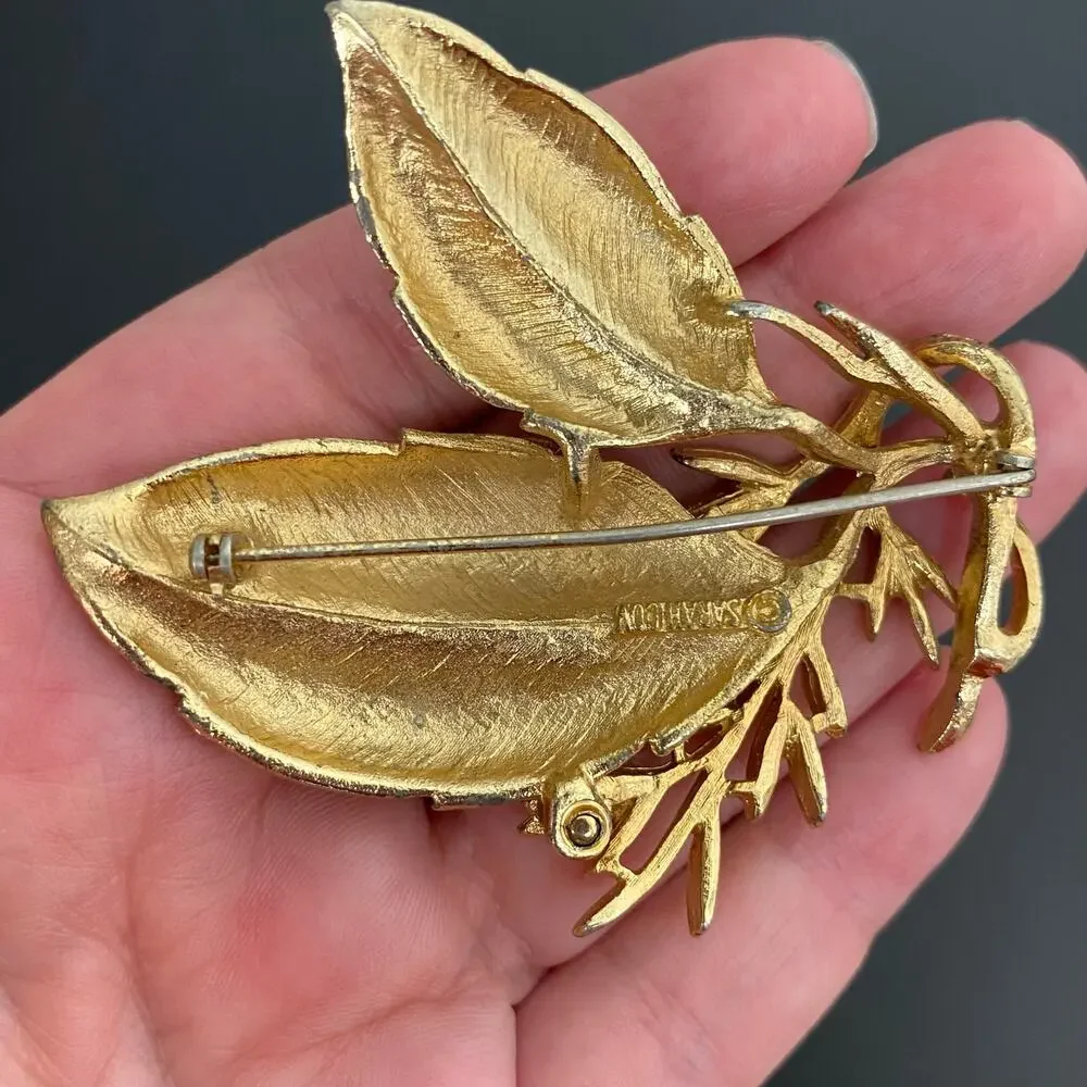 Vintage SARAH COVENTRY Sea Whispers Gold Leaf Brooch Pin 1960s Textured Glam